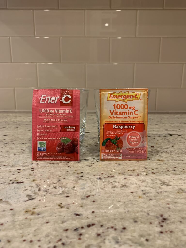 A packet of Ener-C and Emergen-C side by side.